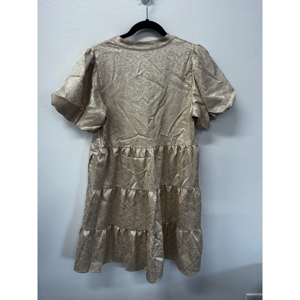 THML Champagne Damask Tiered Puff Sleeve Dress Pockets HOCO Wedding Guest S - Picture 12 of 16